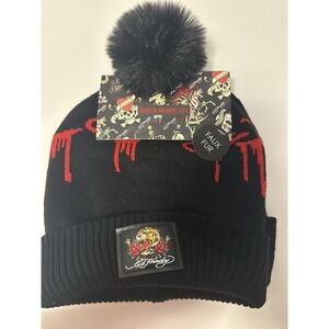 New Ed Hardy pom beanie bundle: tiger & roses + Love Kills Slowly heart NWT